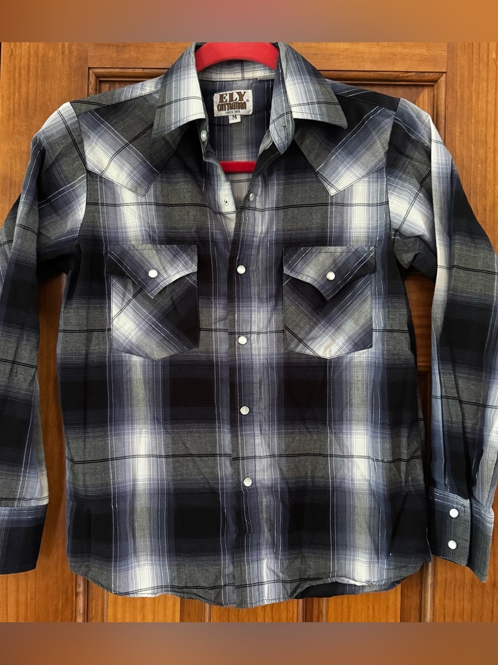 Ely Cattleman Pearl Snap Shirt Youth Medium Navy Blue Plaid Western Rodeo